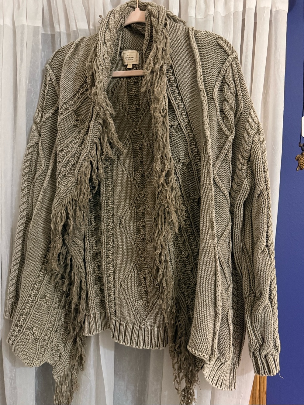 Open-Front Fringed Cable-Knit Cardigan Sweater - Taupe